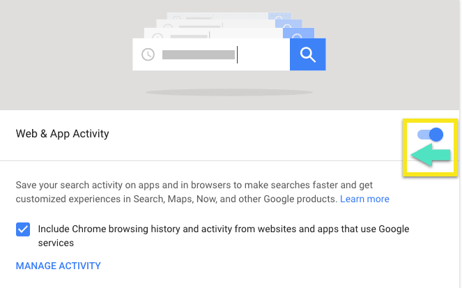 Tela de atividade do Google & Tela de atividades, destacando como deslizar o seletor para "pausado."