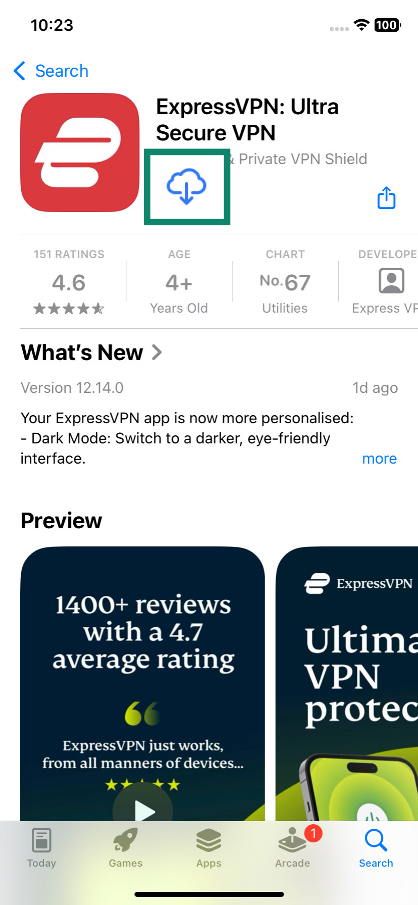 Screenshot of the ExpressVPN app in the App Store, with the &ldquo;Get&rdquo; button highlighted to show how to install the app on your phone.