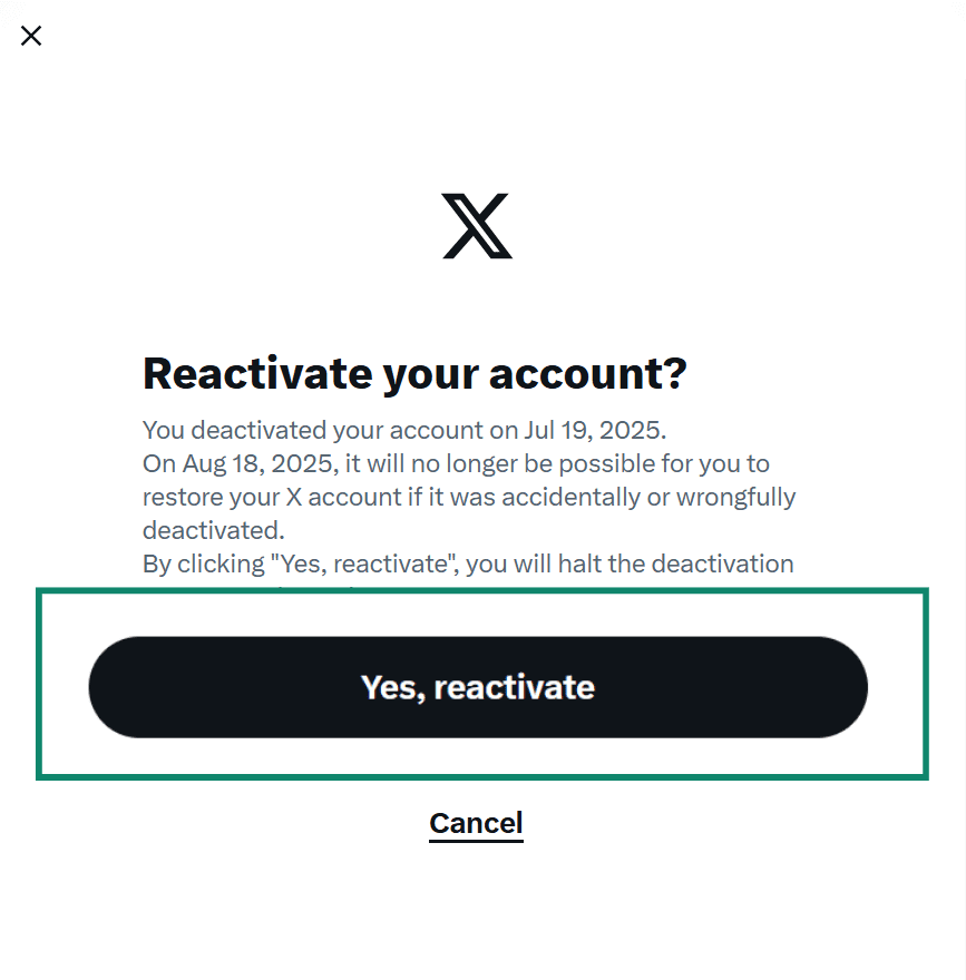 A confirmation pop-up on X asking