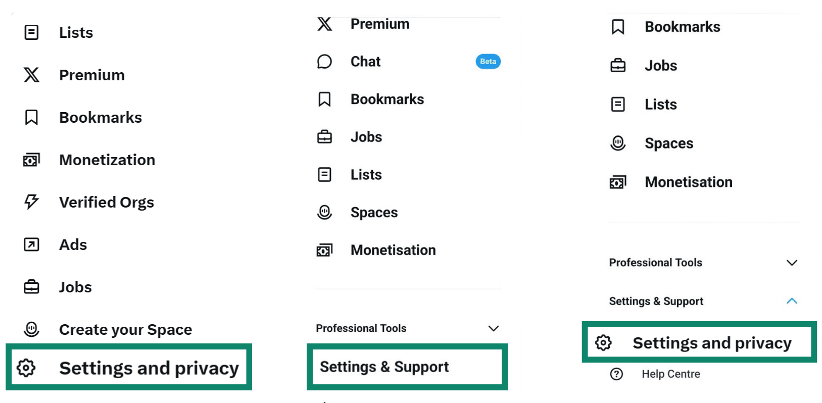 Three side-by-side screenshots showing how to navigate to X's settings. Pierwsze zdjęcie przedstawia menu pulpitu, w którym „Ustawienia i prywatność” są opcją bezpośrednią. Pozostałe dwa zdjęcia przedstawiają mobilny proces wybierania „Ustawienia i wsparcie”, a następnie „Ustawienia i prywatność” z podmenu.