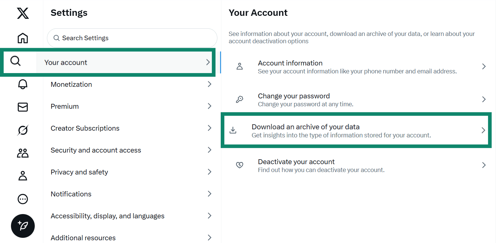 Two side-by-side screenshots of the X settings menu. Pierwszy pokazuje wybrane „Twoje konto”, a drugi pokazuje podświetloną opcję „Pobierz archiwum swoich danych”.
