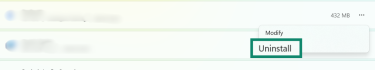 Installed apps list showing the Uninstall option in the context menu.