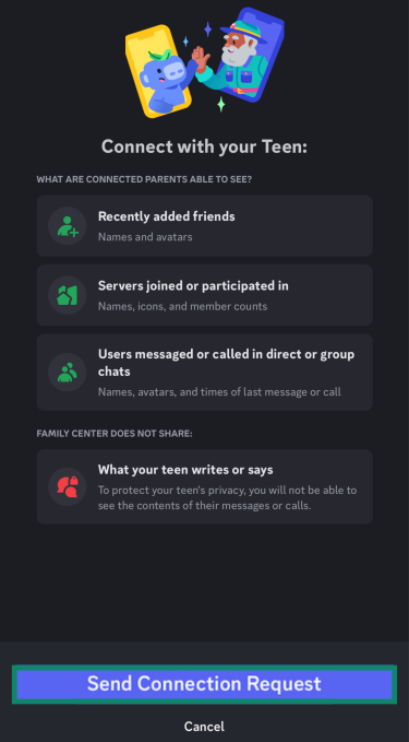 Sending connection request on Discord on child's device to set up parental controls.