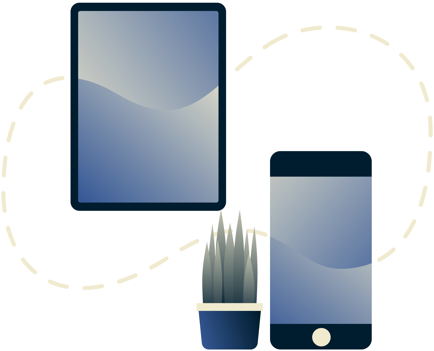 Tablet i urządzenie mobilne połączone linią przerywaną.