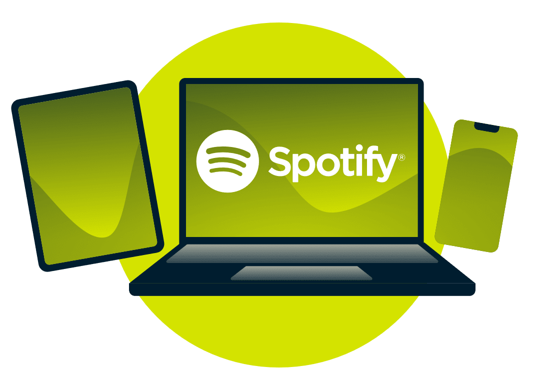 Kannettava tietokone, tabletti ja puhelin, joissa on Spotify-logo.