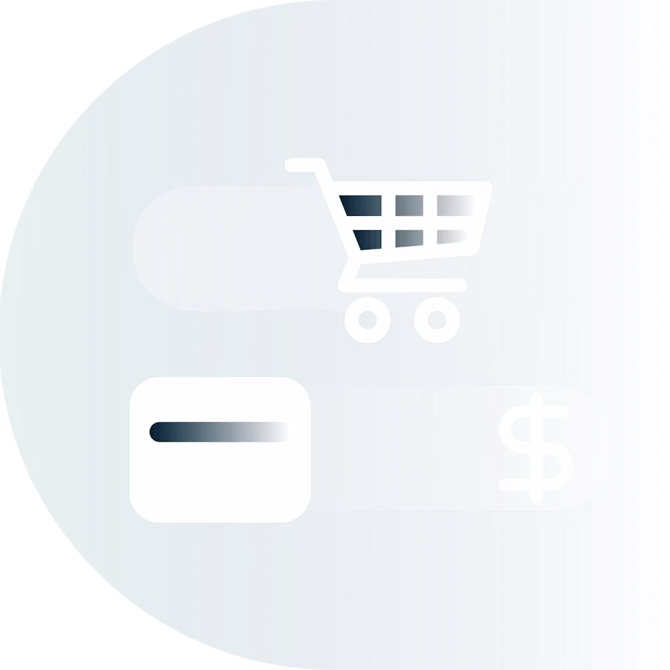 Carrinho de compras, cartão de crédito e símbolo de moeda.