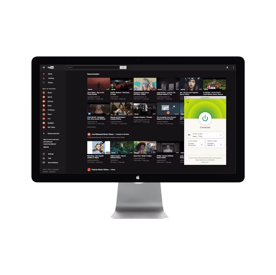 Interfejs YouTube z VPN.