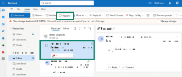 Where to find the button to report phishing in Outlook.