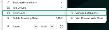 Chrome's Extensions and Manage Extensions menus.